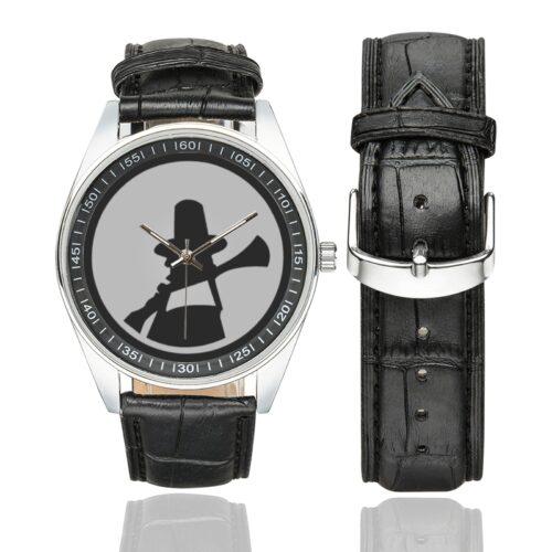 Men's casual watch with a round dial featuring the US 94th Infantry Division emblem, silver-tone case and black leather strap, shown with the strap to the side.