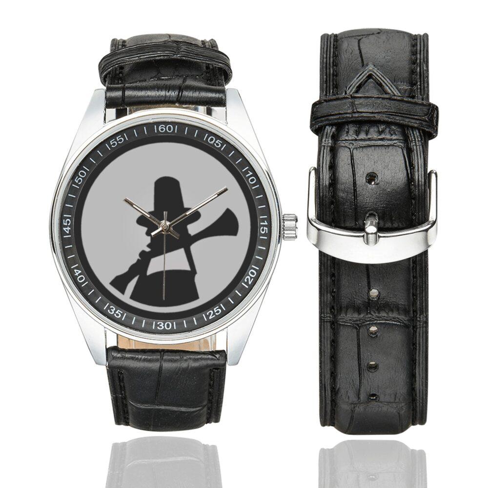 Men's casual watch with a round dial featuring the US 94th Infantry Division emblem, silver-tone case and black leather strap, shown with the strap to the side.