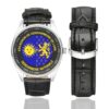 Men's casual watch with a round dial featuring the EGM 27-7 emblem, silver-tone case and black leather strap, shown with the strap to the side.