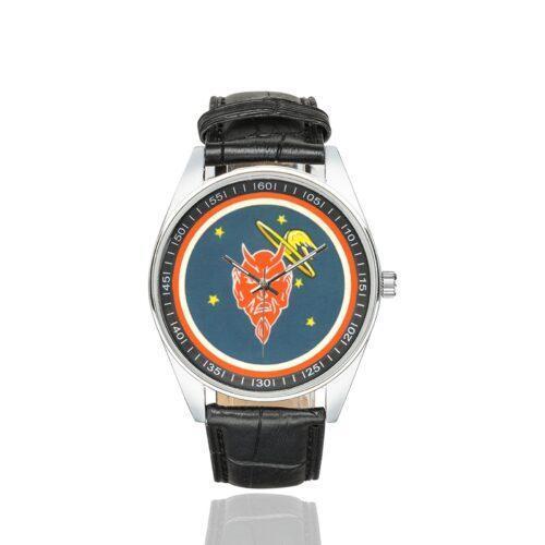 Men's casual watch with a round dial featuring the 431st Test & Evaluation Squadron emblem, silver-tone case and black leather strap.