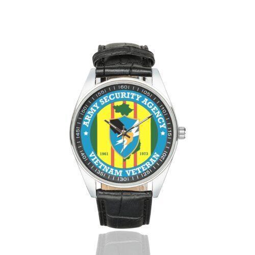 Men's casual watch with a round dial featuring the US Army Security Agency Vietnam Veteran emblem, silver-tone case and black leather strap.