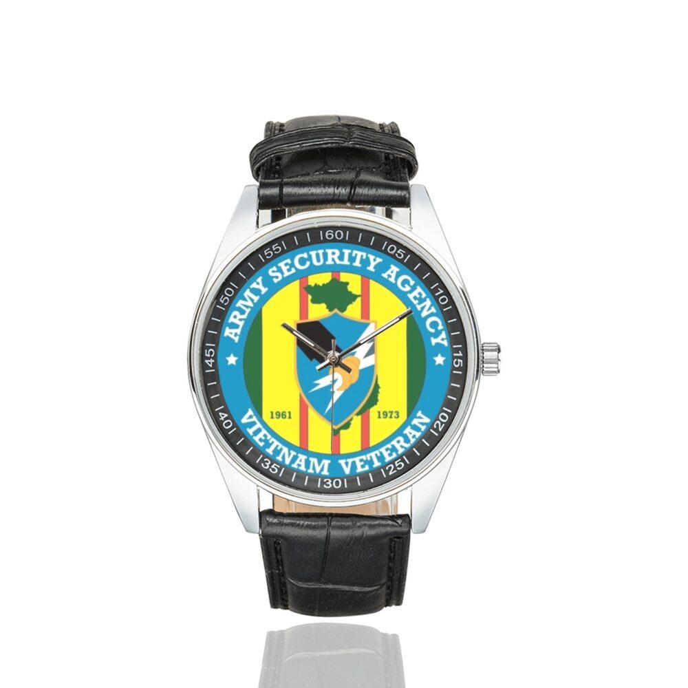 Men's casual watch with a round dial featuring the US Army Security Agency Vietnam Veteran emblem, silver-tone case and black leather strap.