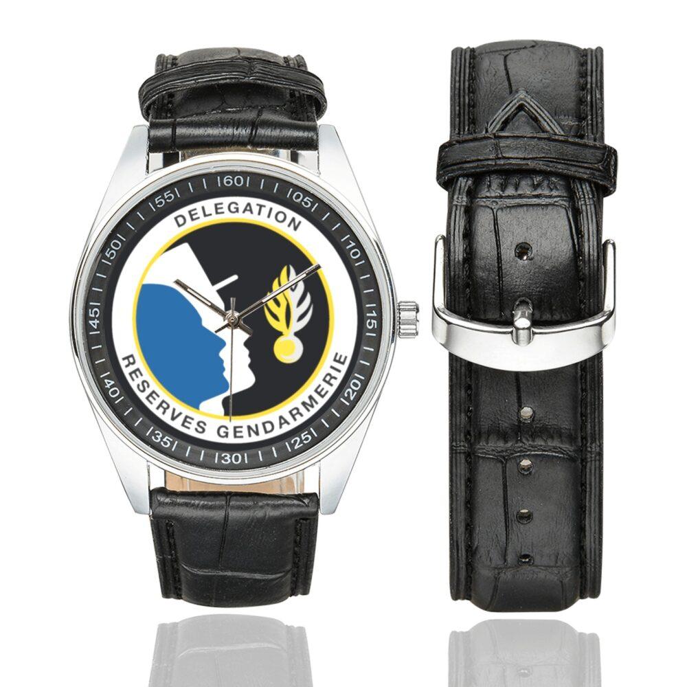 Men's casual watch with a round dial featuring the DRG emblem, silver-tone case and black leather strap, shown with the strap to the side.