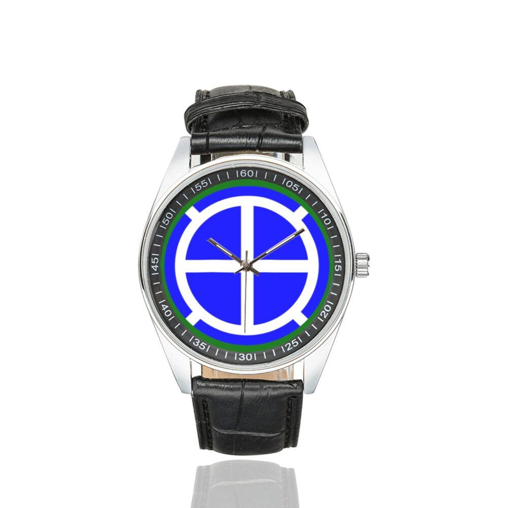 Men's casual watch with a round dial featuring the 35th Infantry Division SSI emblem, silver-tone case and black leather strap.