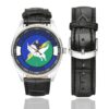 Men's casual watch with a round dial featuring the USAF 1st Air Support Operations Squadron emblem, silver-tone case and black leather strap, shown with the strap to the side.