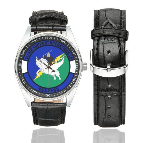 Men's casual watch with a round dial featuring the USAF 1st Air Support Operations Squadron emblem, silver-tone case and black leather strap, shown with the strap to the side.