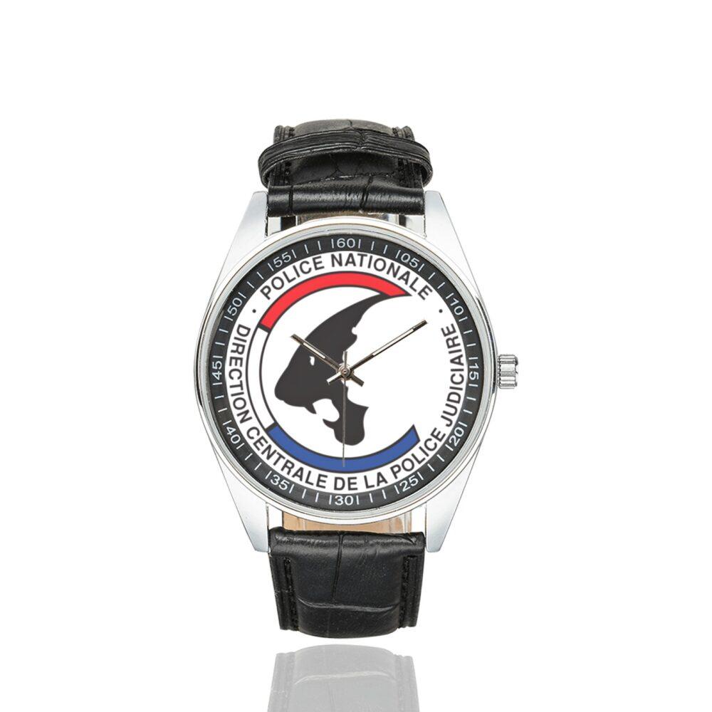 Men's casual watch with a round dial featuring the DCPJ emblem, silver-tone case and black leather strap.