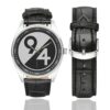 Men's casual watch with a round dial featuring the 94th Regional Readiness Command SSI emblem, silver-tone case and black leather strap, shown with the strap to the side.