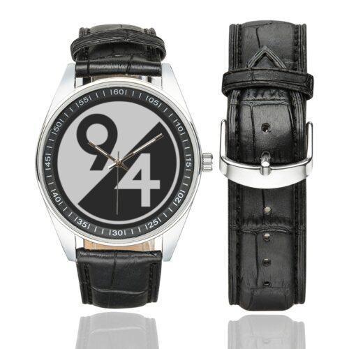 Men's casual watch with a round dial featuring the 94th Regional Readiness Command SSI emblem, silver-tone case and black leather strap, shown with the strap to the side.