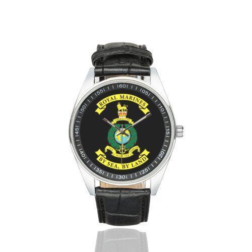 Men's casual watch with a round dial featuring the Royal Marines emblem, silver-tone case and black leather strap.
