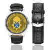 Men's casual watch with a round dial featuring the National Guard 14th Battalion emblem, silver-tone case and black leather strap, shown with the strap to the side.