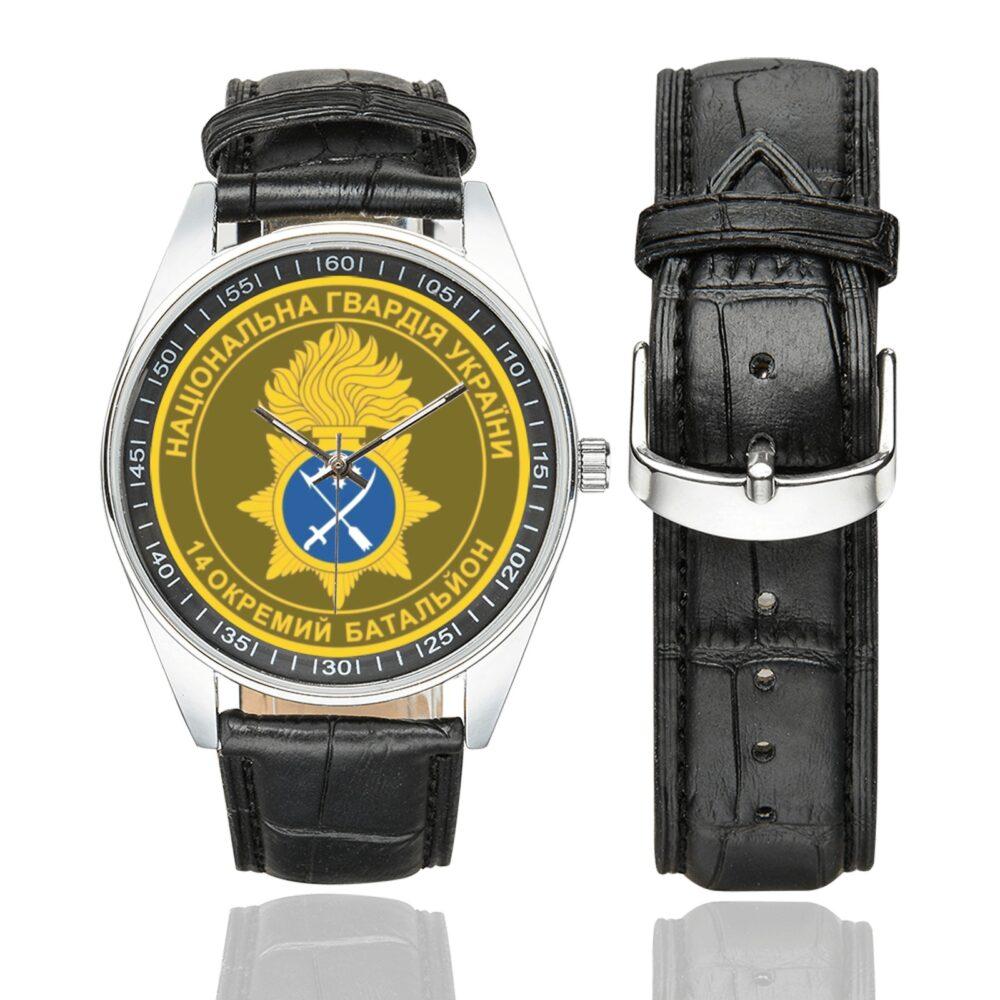 Men's casual watch with a round dial featuring the National Guard 14th Battalion emblem, silver-tone case and black leather strap, shown with the strap to the side.