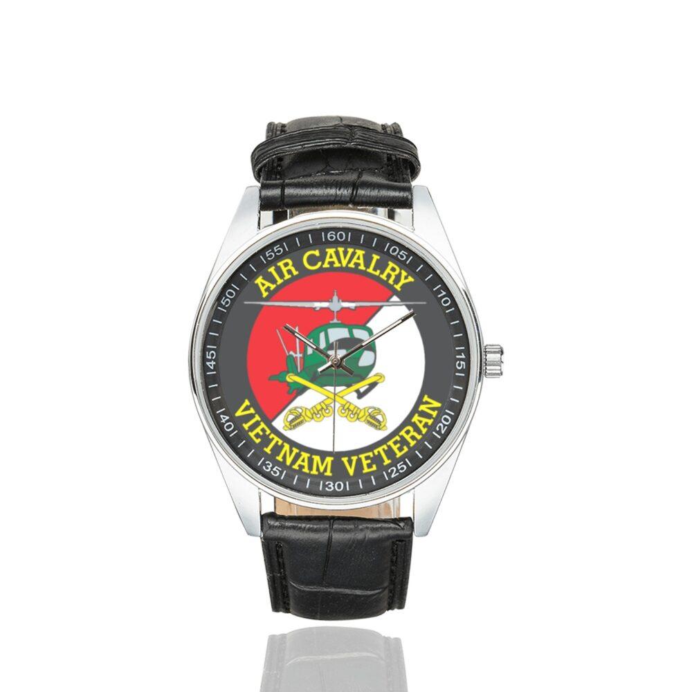 Men's casual watch with a round dial featuring the US Army Air Cavalry Division Vietnam Veteran emblem, silver-tone case and black leather strap.