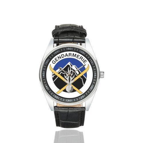 Men's casual watch with a round dial featuring the Unités de montagne Gendarmerie emblem, silver-tone case and black leather strap.