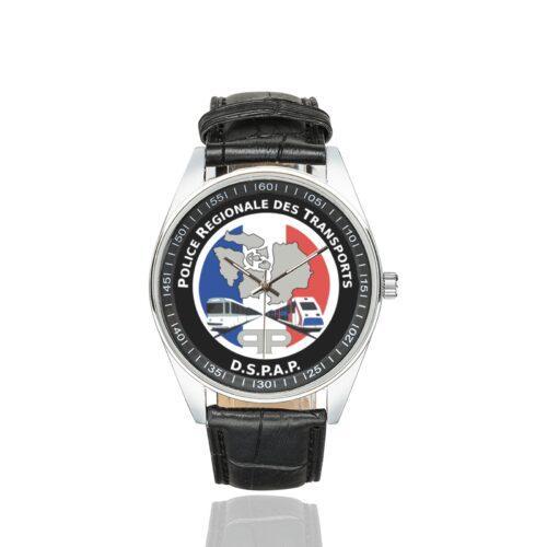 Men's casual watch with a round dial featuring the Police Régionale des Transport emblem, silver-tone case and black leather strap.