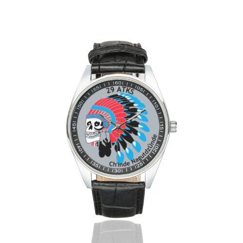 Men's casual watch with a round dial featuring the USAF 29th Attack Squadron emblem, silver-tone case and black leather strap.