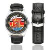 Men's casual watch with a round dial featuring the EGM 21-3 Mont-Saint-Aignan emblem, silver-tone case and black leather strap, shown with the strap to the side.