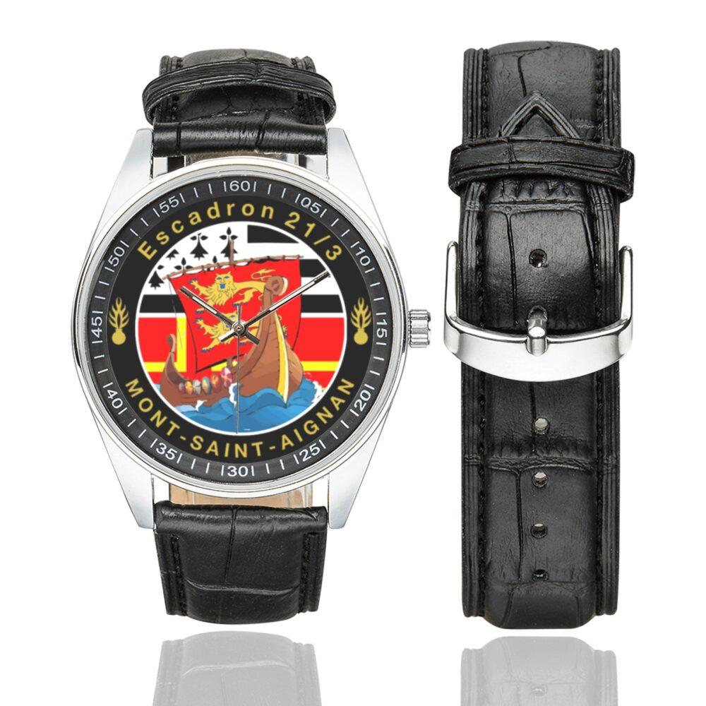 Men's casual watch with a round dial featuring the EGM 21-3 Mont-Saint-Aignan emblem, silver-tone case and black leather strap, shown with the strap to the side.