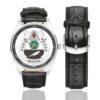 Men's casual watch with a round dial featuring the US Army 15th Psychological Operations Battalion emblem, silver-tone case and black leather strap, shown with the strap to the side.