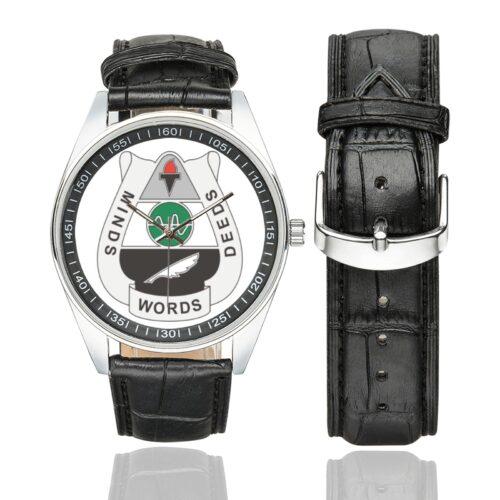 Men's casual watch with a round dial featuring the US Army 15th Psychological Operations Battalion emblem, silver-tone case and black leather strap, shown with the strap to the side.