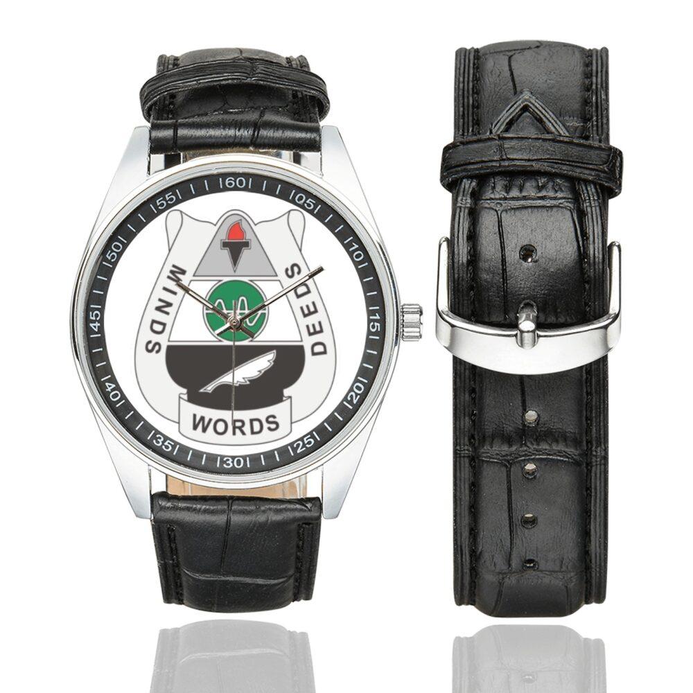 Men's casual watch with a round dial featuring the US Army 15th Psychological Operations Battalion emblem, silver-tone case and black leather strap, shown with the strap to the side.