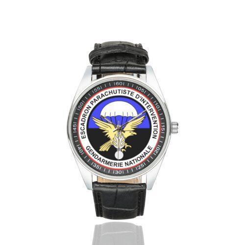 Men's casual watch with a round dial featuring the Escadron parachutiste d'intervention de la Gendarmerie nationale (EPIGN) emblem, silver-tone case and black leather strap.