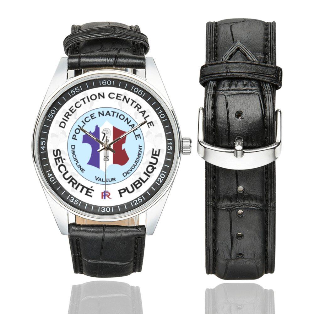 Men's casual watch with a round dial featuring the Direction Centrale de la Sécurité Publique (DCSP) emblem, silver-tone case and black leather strap, shown with the strap to the side.