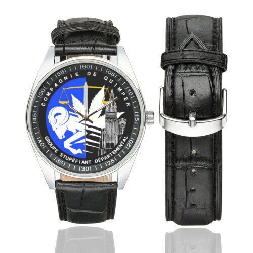 Men's casual watch with a round dial featuring the GSD quimper emblem, silver-tone case and black leather strap, shown with the strap to the side.