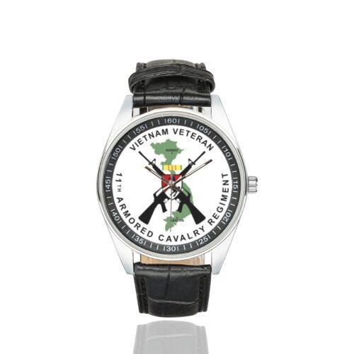 Men's casual watch with a round dial featuring the Vietnam Veteran 11th ACR emblem, silver-tone case and black leather strap.