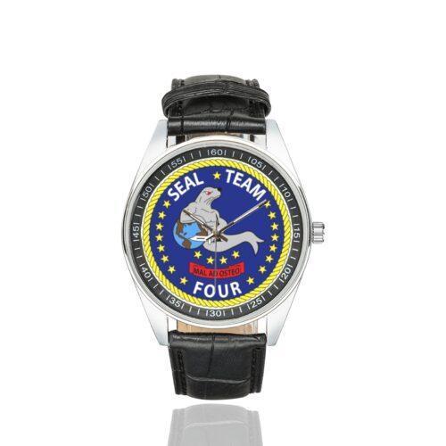 Men's casual watch with a round dial featuring the SEAL Team 4 emblem, silver-tone case and black leather strap.