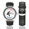 Men's casual watch with a round dial featuring the SDLCF emblem, silver-tone case and black leather strap, shown with the strap to the side.