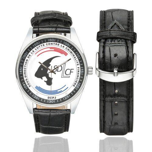 Men's casual watch with a round dial featuring the SDLCF emblem, silver-tone case and black leather strap, shown with the strap to the side.
