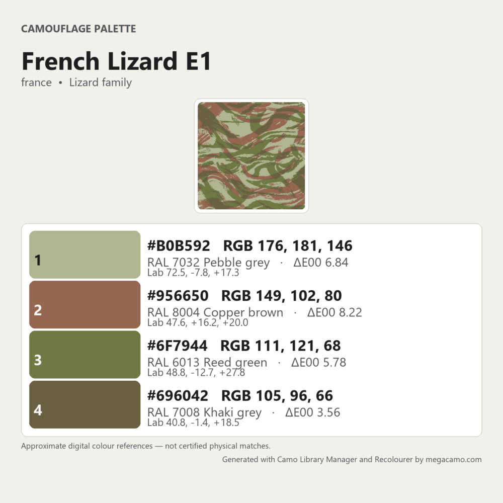 French Lizard E1 camouflage digital colour palette with four reference colours