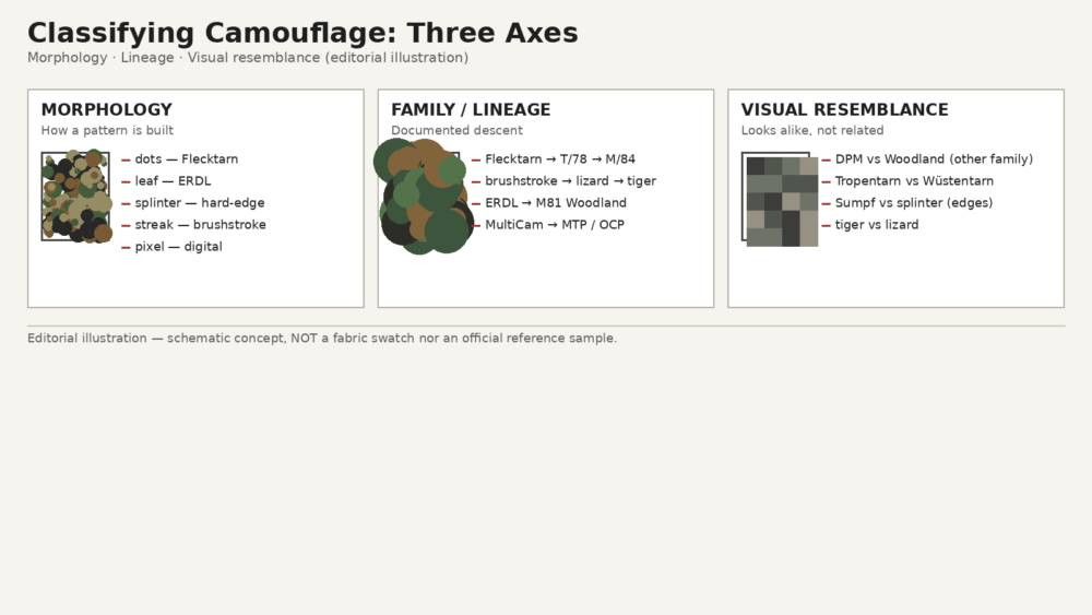 Editorial diagram showing the three axes used to classify camouflage patterns: morphology, family/lineage and visual resemblance