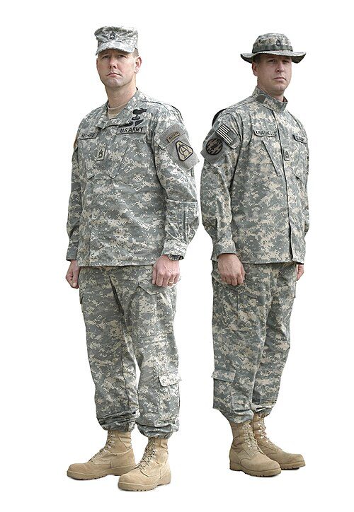 US soldier in Army Combat Uniform in UCP camouflage, two views