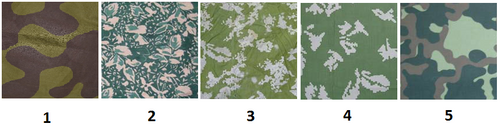 A comparison sheet showing five different camouflage designs side by side, numbered 1 to 5, with varying green, brown, khaki and mottled shapes.