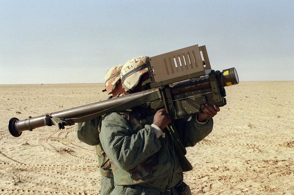 A US Marine with a Stinger missile launcher in the 6-colour desert battle dress uniform