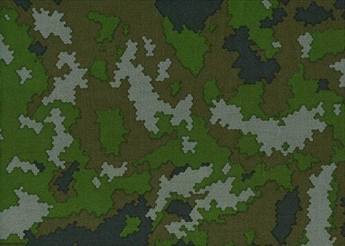 Swatch of the Finnish M05 cold-weather camouflage pattern, grey and green blotches on an earth base.
