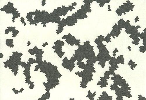 Swatch of the Finnish M05 snow camouflage pattern, dark green blotches on a white background.