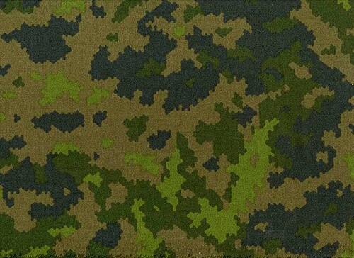 Flat swatch of the Finnish M05 Maastokuvio woodland camouflage pattern, greens and dark grey on a tan base.