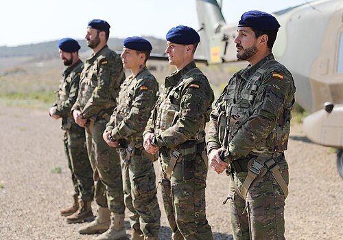 Spanish soldiers wearing M09 pixelado boscoso camouflage during Swift Response 23, visited by King Felipe VI.