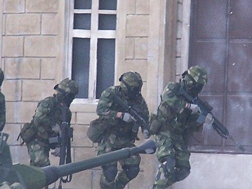 Several Swedish soldiers in the M90 woodland pattern on a training exercise