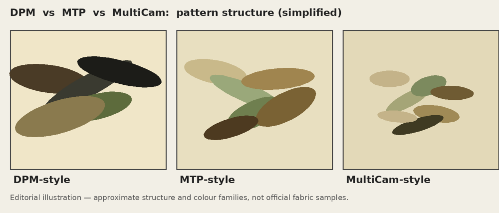 Simplified comparison of DPM, MTP and MultiCam pattern structures