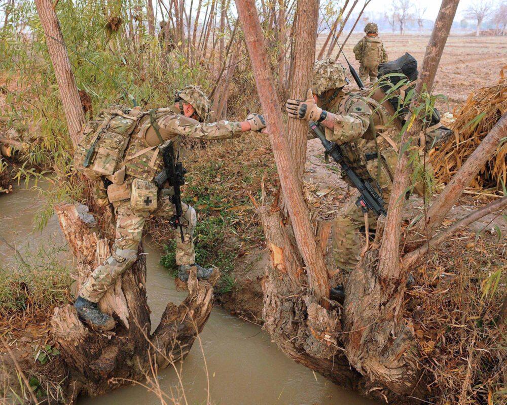 British Royal Marines in MTP uniform patrol farmland in Helmand