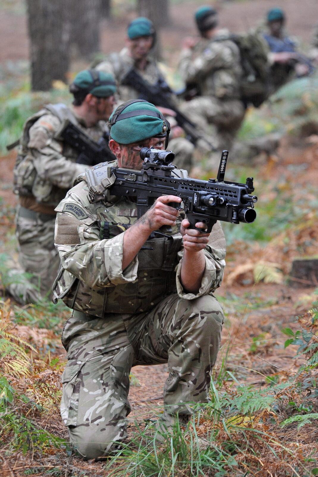 Royal Marines in MTP on exercise in British woodland