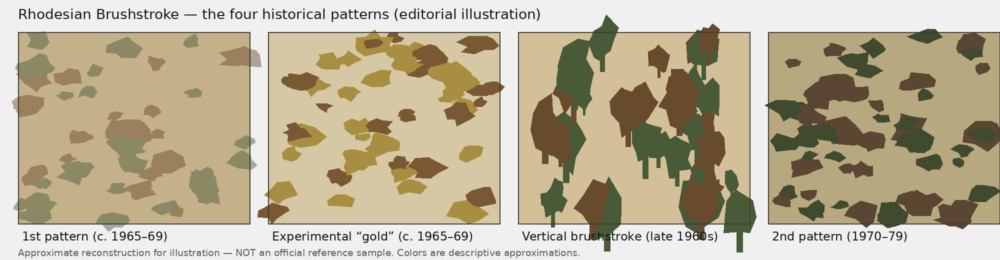 Comparison of the four historical Rhodesian Brushstroke patterns: first pattern (c. 1965-69), experimental gold, vertical brushstroke and second pattern (1970-79)