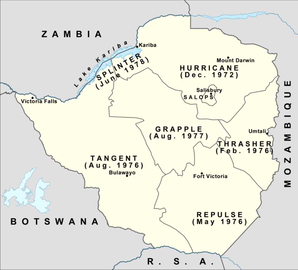 Map of the operational areas of the Rhodesian Security Forces during the Bush War in the 1970s