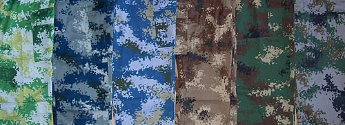 A side-by-side grid of six rectangular Type 07 pixel pattern swatches showing the Universal, Woodland, Arid, Oceanic, Urban and OpFor green colorways.