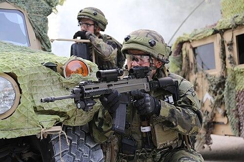 A Czech soldier of the 74th Light Motorized Battalion, 7th Mechanized Brigade, aims his rifle while wearing the vz.95 leaf camouflage during exercise Allied Spirit II.