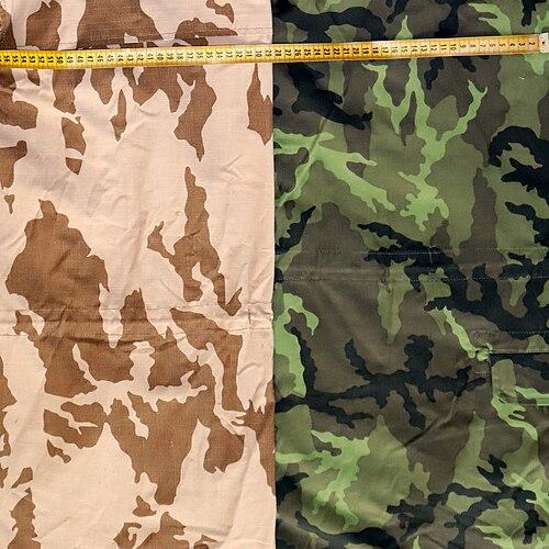 Side-by-side of two Czech vz.95 summer jackets: the beige desert variant (left) and the green forest/woodland variant (right), showing the desert and forest variants side by side.